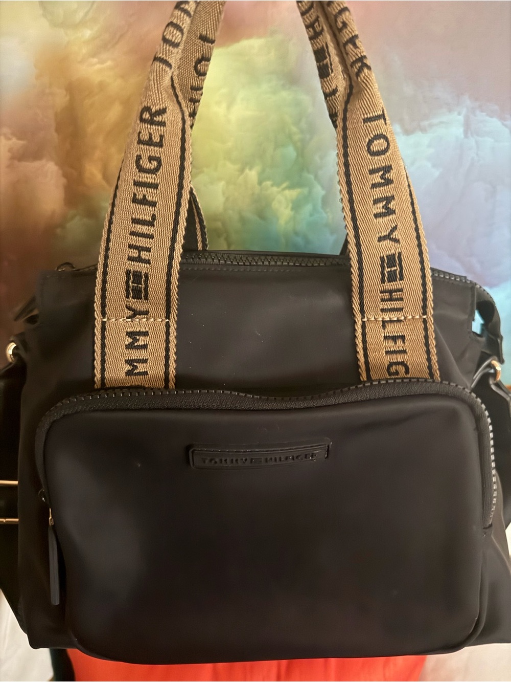 Tommy Hilfiger Black Duffel Bag with Branded Tan Web Handles